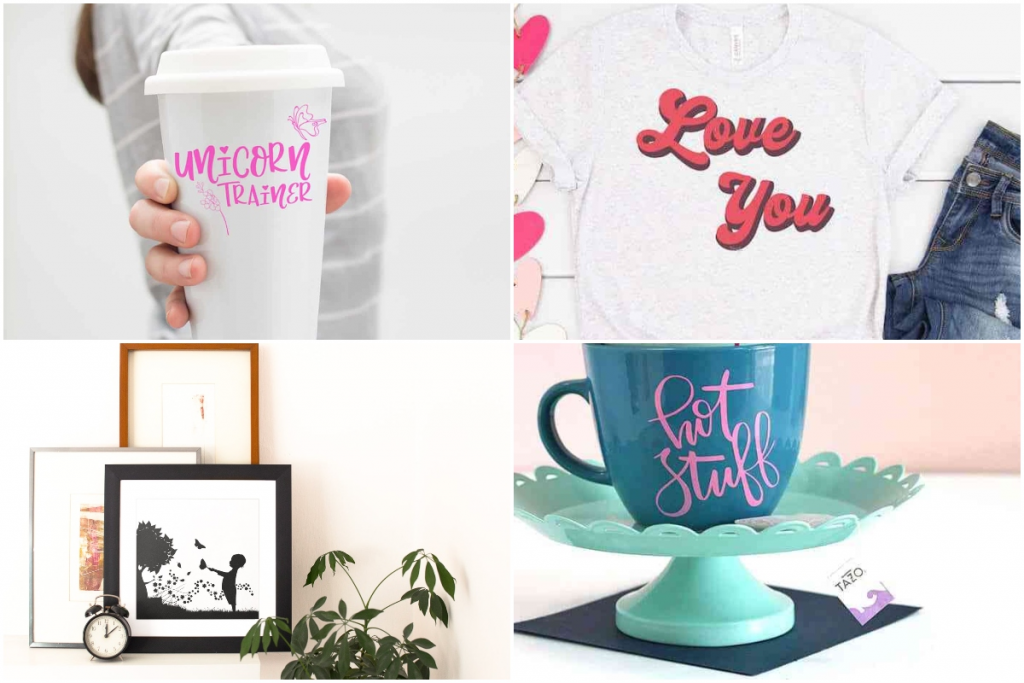 Collide of cricut vinyl projects, wall vinyl , a coffee mug with vinyl, tshirt and a Starbucks style coffee cup