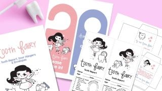 photo of different pages included with the tooth fairy printable; pink and blue door hangers, tooth fairy report, and tooth envelope