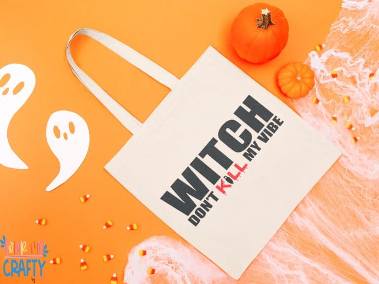 witch dont kill my vibe free SVG file on a cotton tote bag