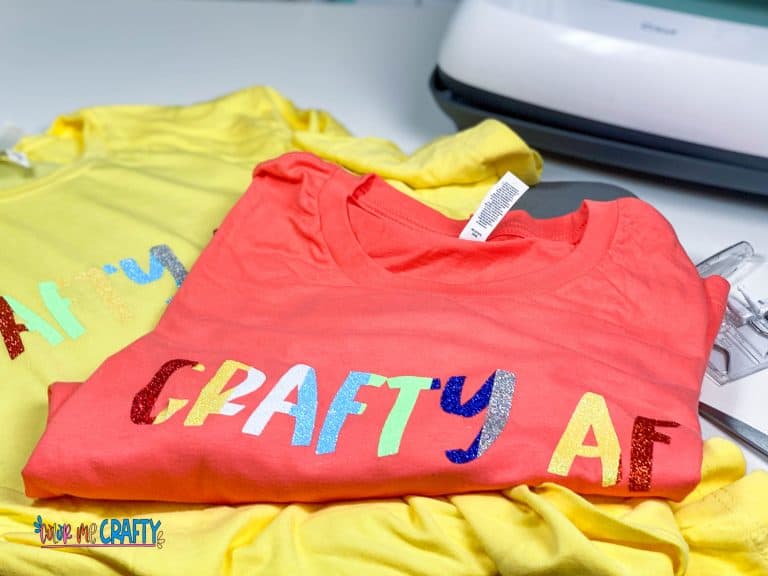 yellow and coral tshirt made with cricut vinyl scraps