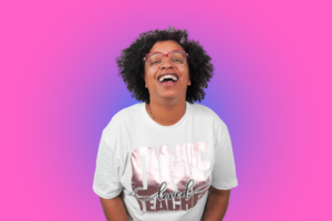 Photo of Jamela Payne on a pink and blue gradient background laughing