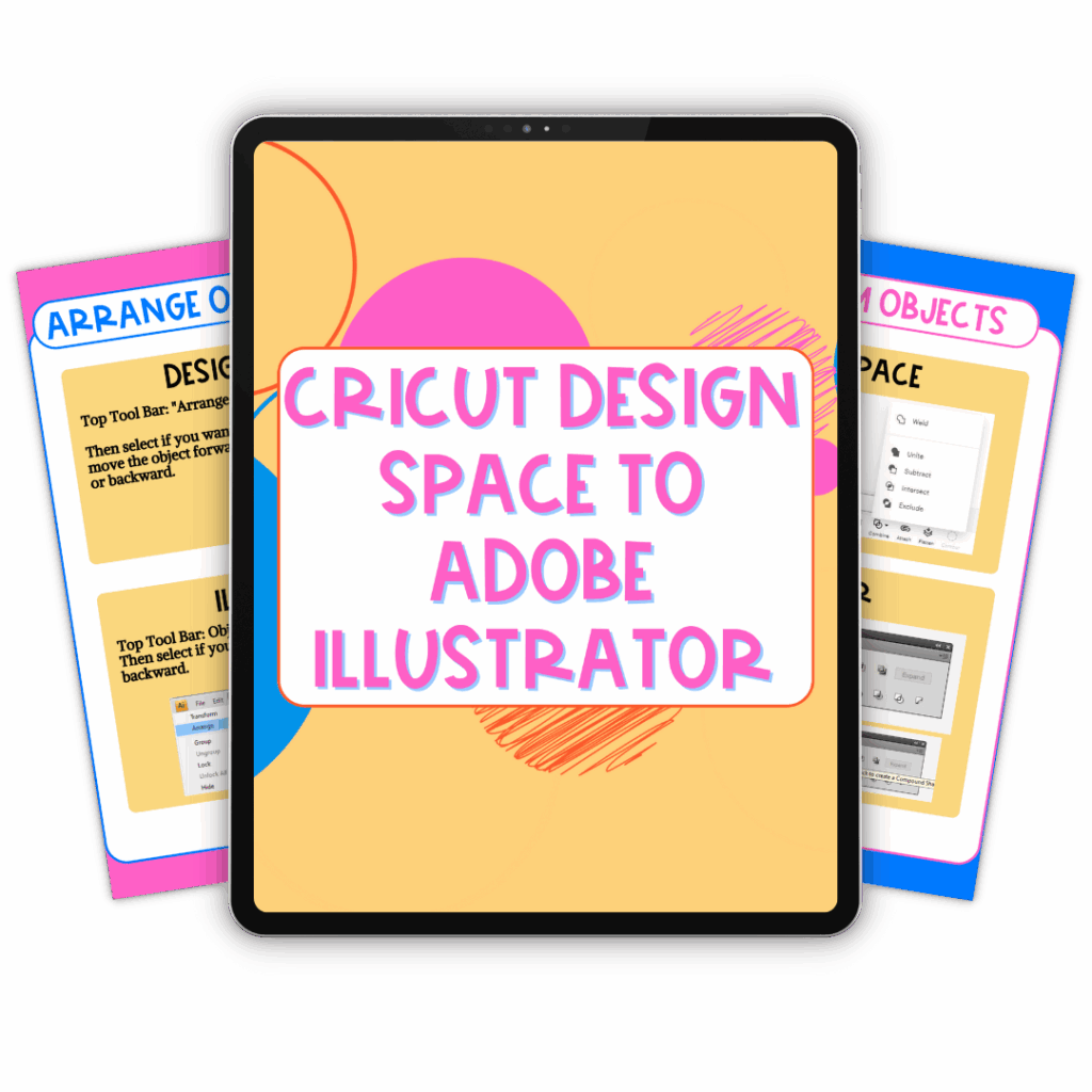 Tablet displaying a Cricut Design Space to Adobe Illustrator comparison guide, with colorful reference pages showing menu tools for SVG design.