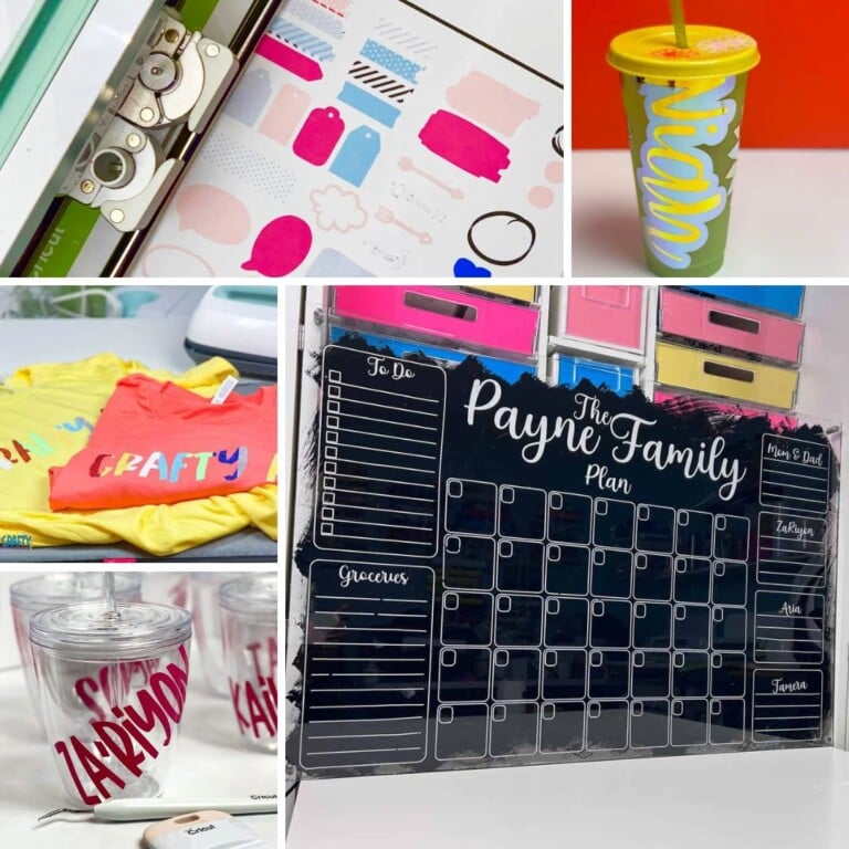 Collage of beginner Cricut projects including vinyl t-shirts, a dry erase calendar, personalized tumblers, and Print Then Cut stickers — perfect for learning new Cricut skills.