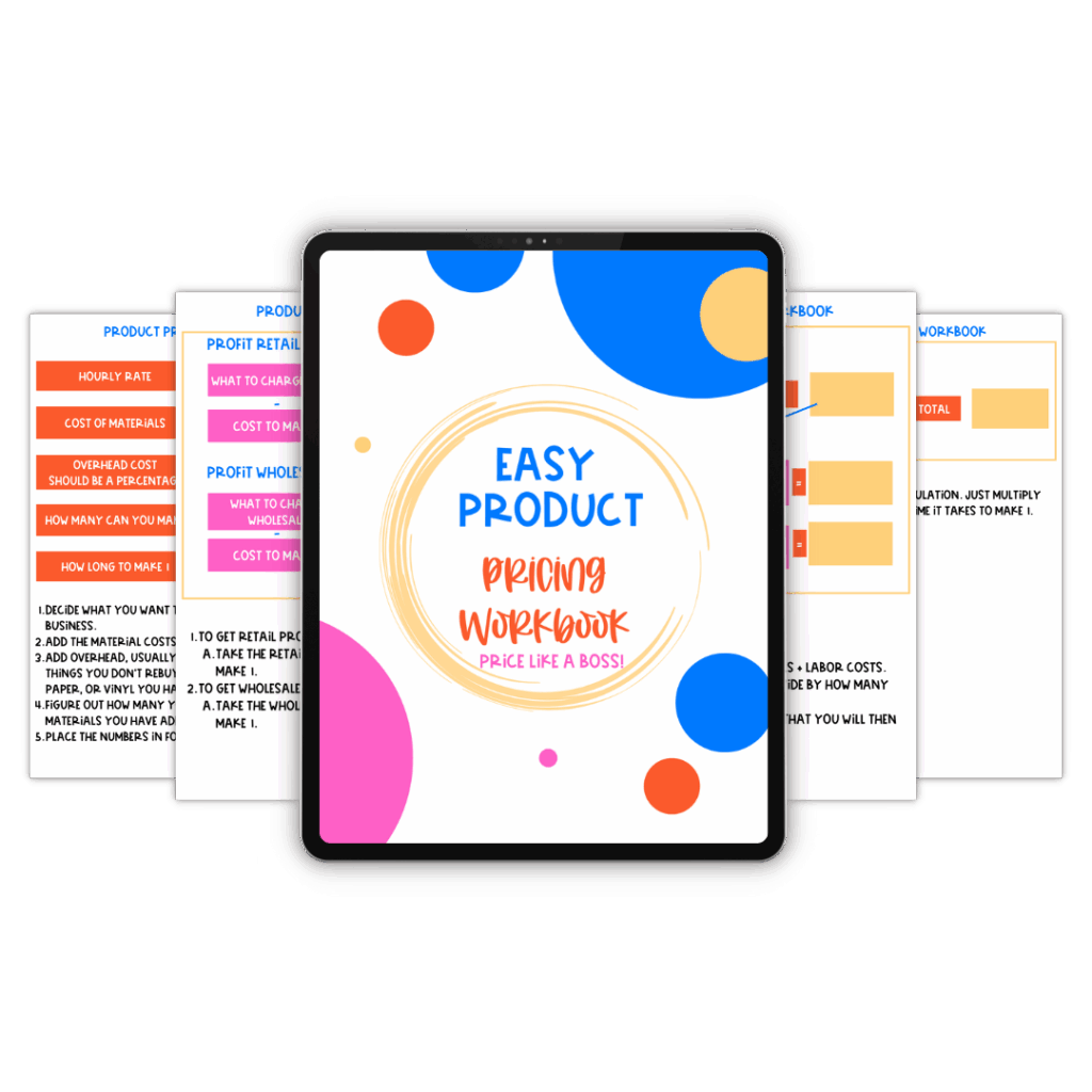 Tablet displaying the Easy Product Pricing Workbook with colorful pages behind it, showing pricing formulas, charts, and step-by-step instructions for crafters and makers to price their handmade products confidently.