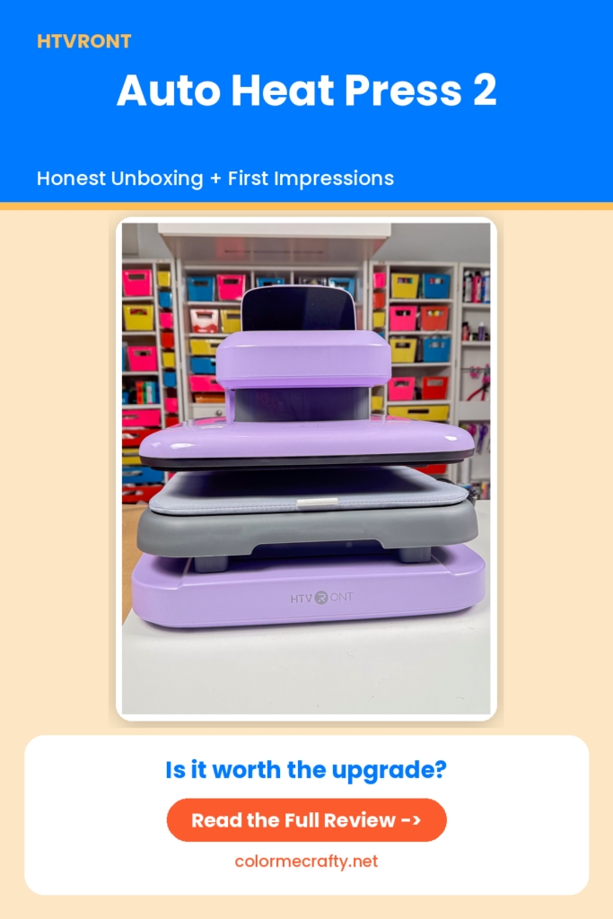 Pinterest pin for a HTVRONT Auto Heat Press 2 review, showing a front view photo of the lavender heat press with the text "Auto Heat Press 2: Honest Unboxing + First Impressions" and a Read the Full Review button