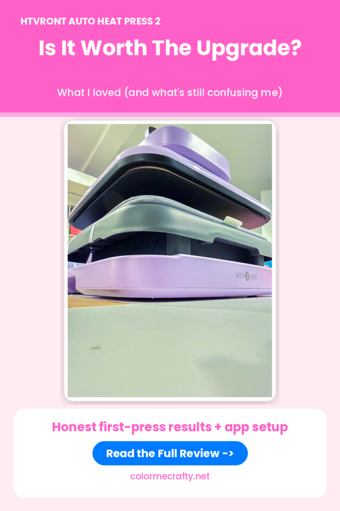 Pinterest pin titled "Is It Worth The Upgrade?" showing a low-angle photo of the HTVRONT Auto Heat Press 2 with the subtitle "What I loved (and what's still confusing me)" and a Read the Full Review button