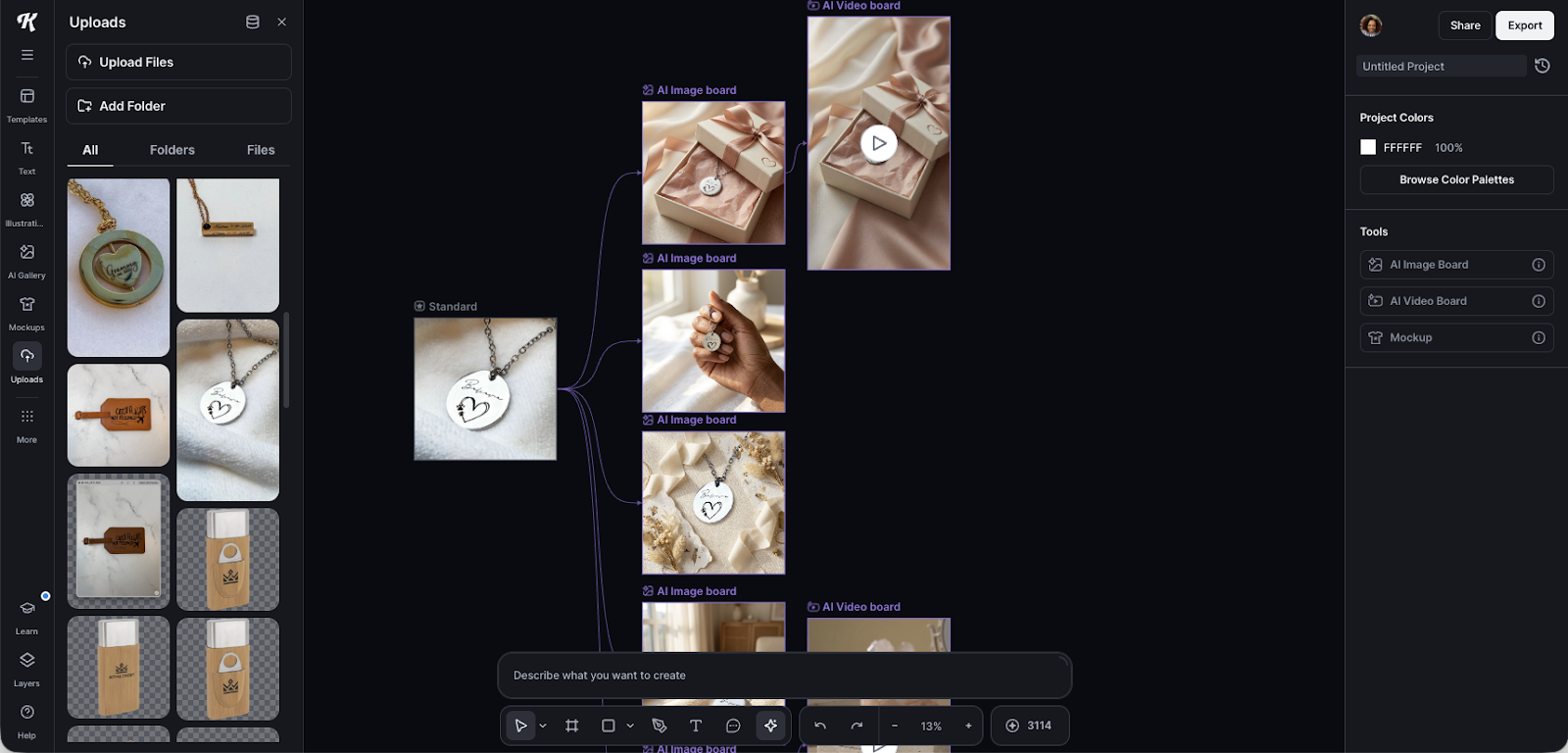 Kittl mockups workflow board with an uploaded pendant necklace photo connected to several AI-generated mockup variations