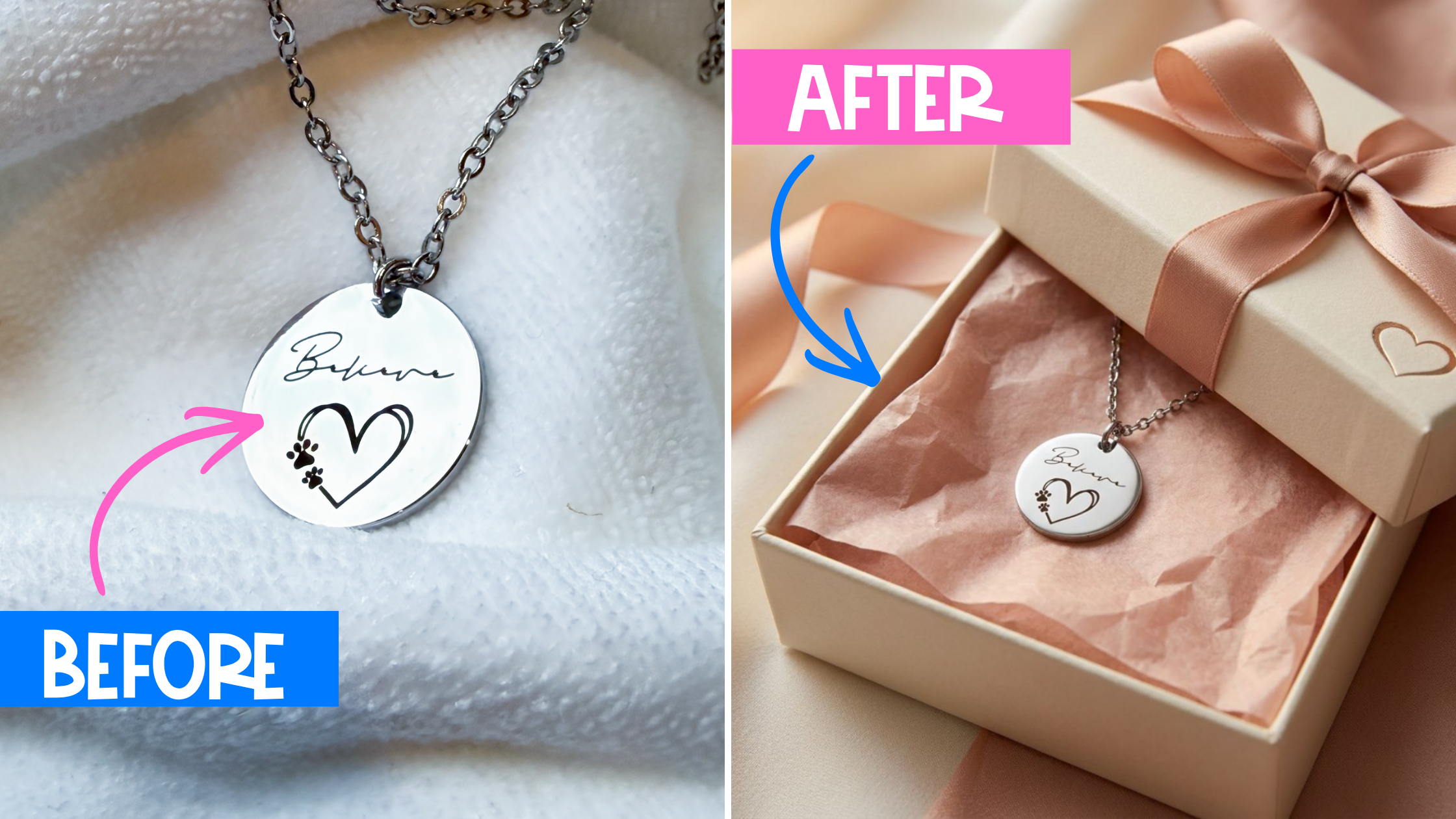Before and after Kittl mockups: plain photo of an engraved heart pendant necklace next to the same necklace in a gift box mockup