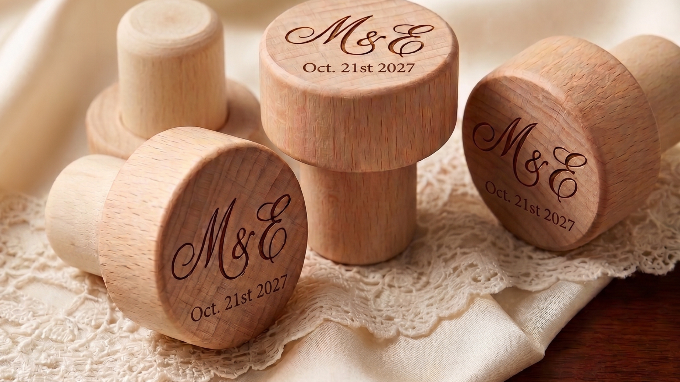 Kittl design mockup of engraved wooden wine stoppers with monogram and wedding date on lace fabric