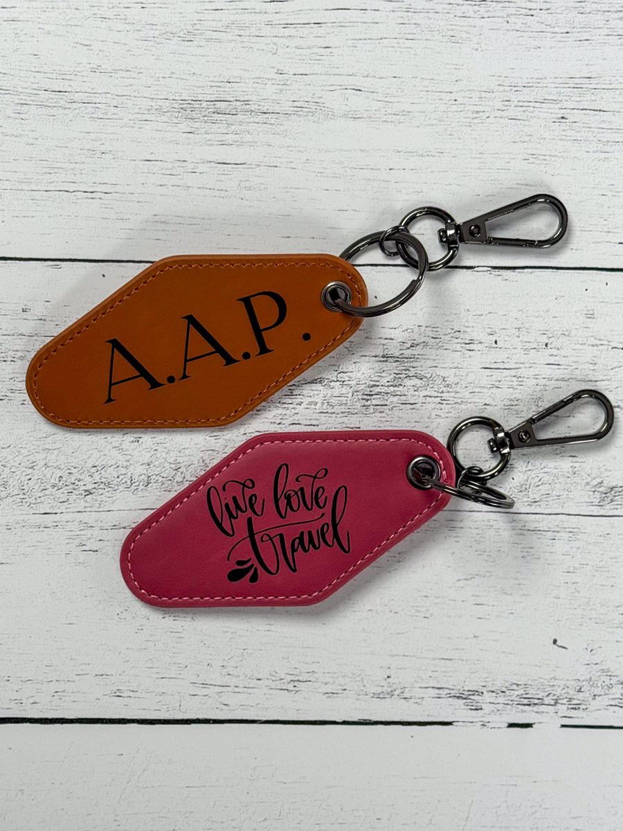 Laser engraved faux leather motel keychains with initials and live love travel