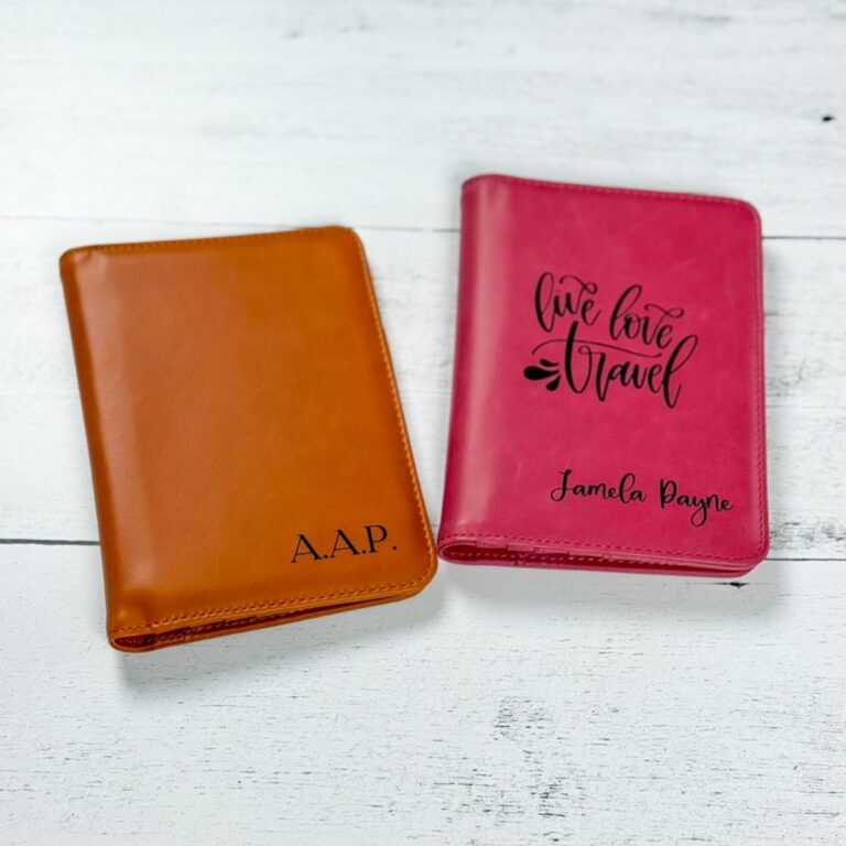 Laser engraved faux leather passport covers, tan with initials and pink with live love travel