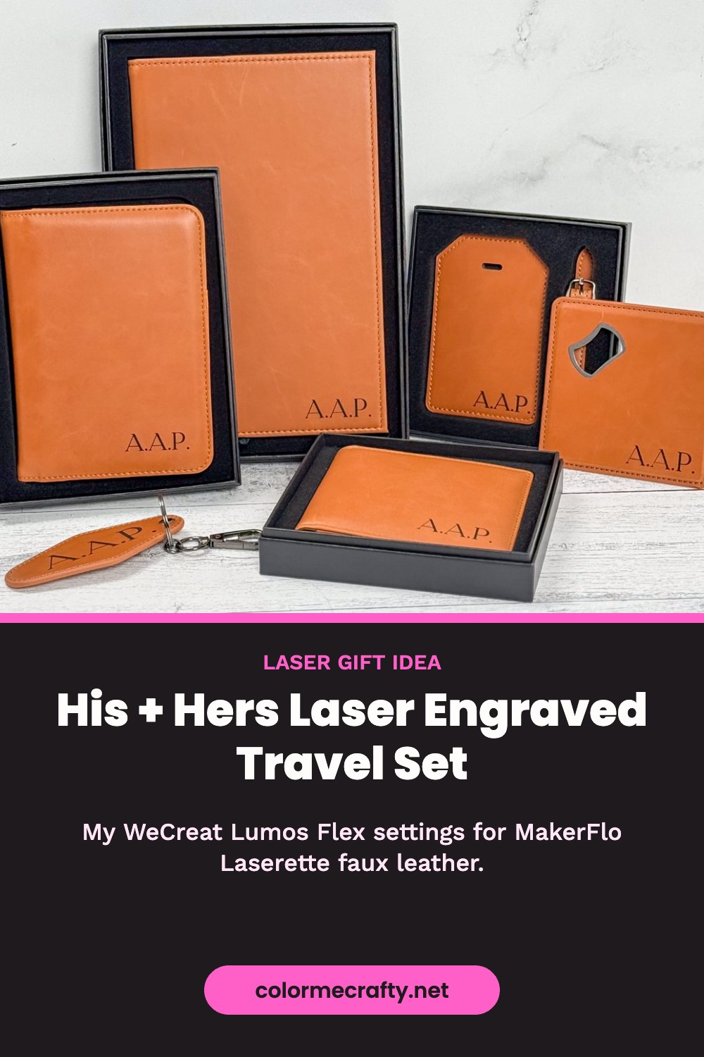 His and hers laser engraved travel set with passport covers, luggage tags and keychains