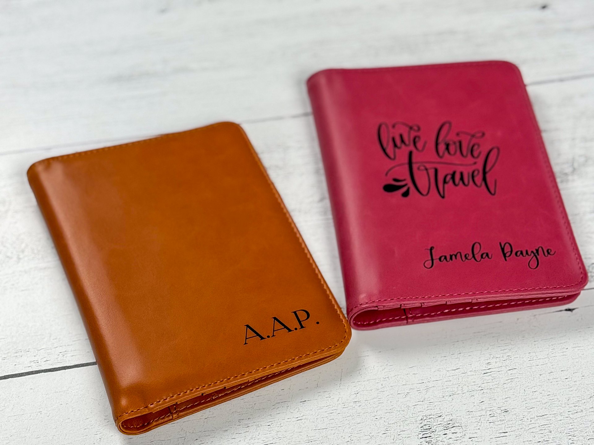 Laser engraved MakerFlo Laserette passport wallets in rawhide with initials and pink with Live Love Travel