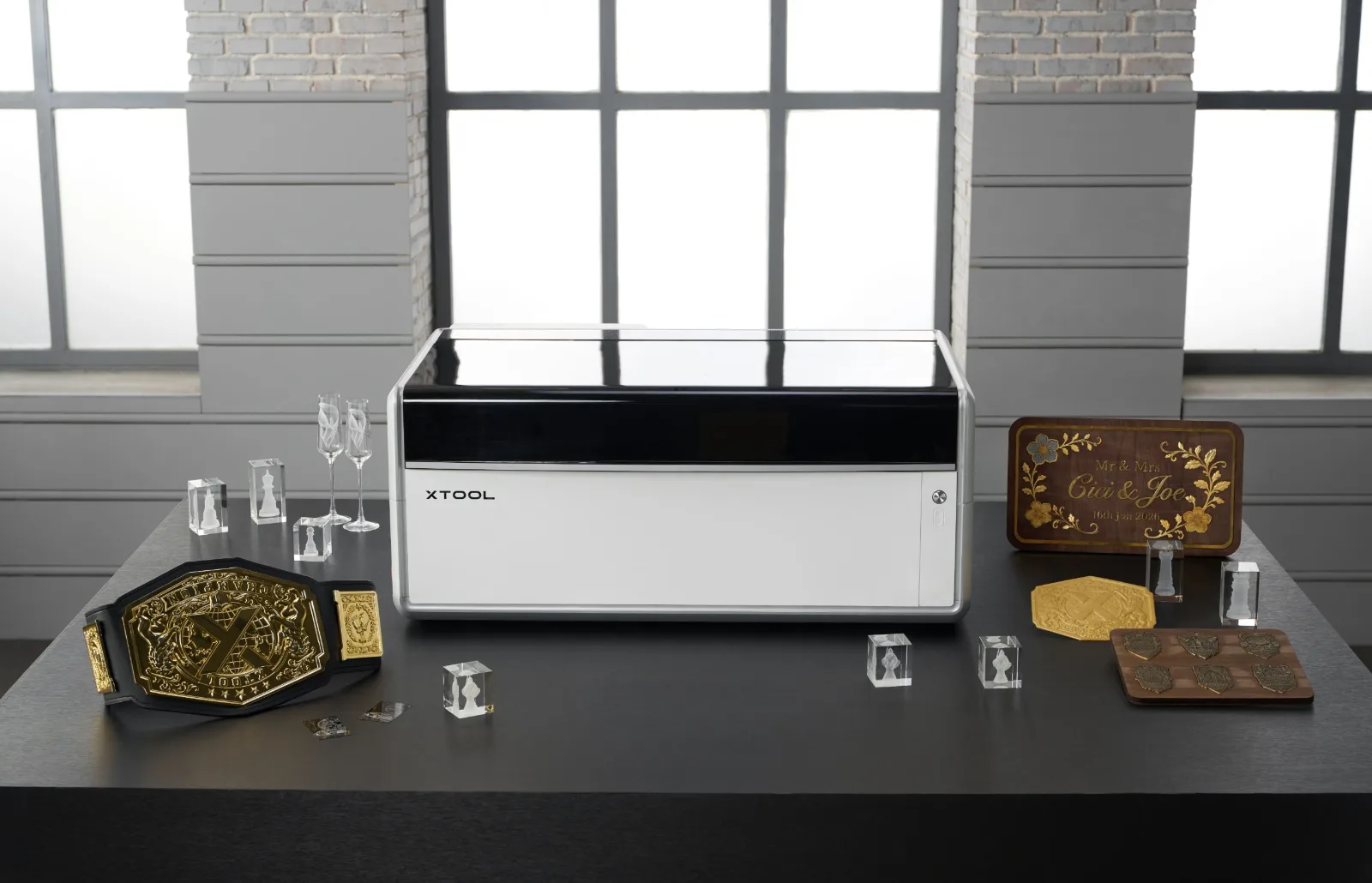 xTool X1 laser with crystal, gold and wood projects